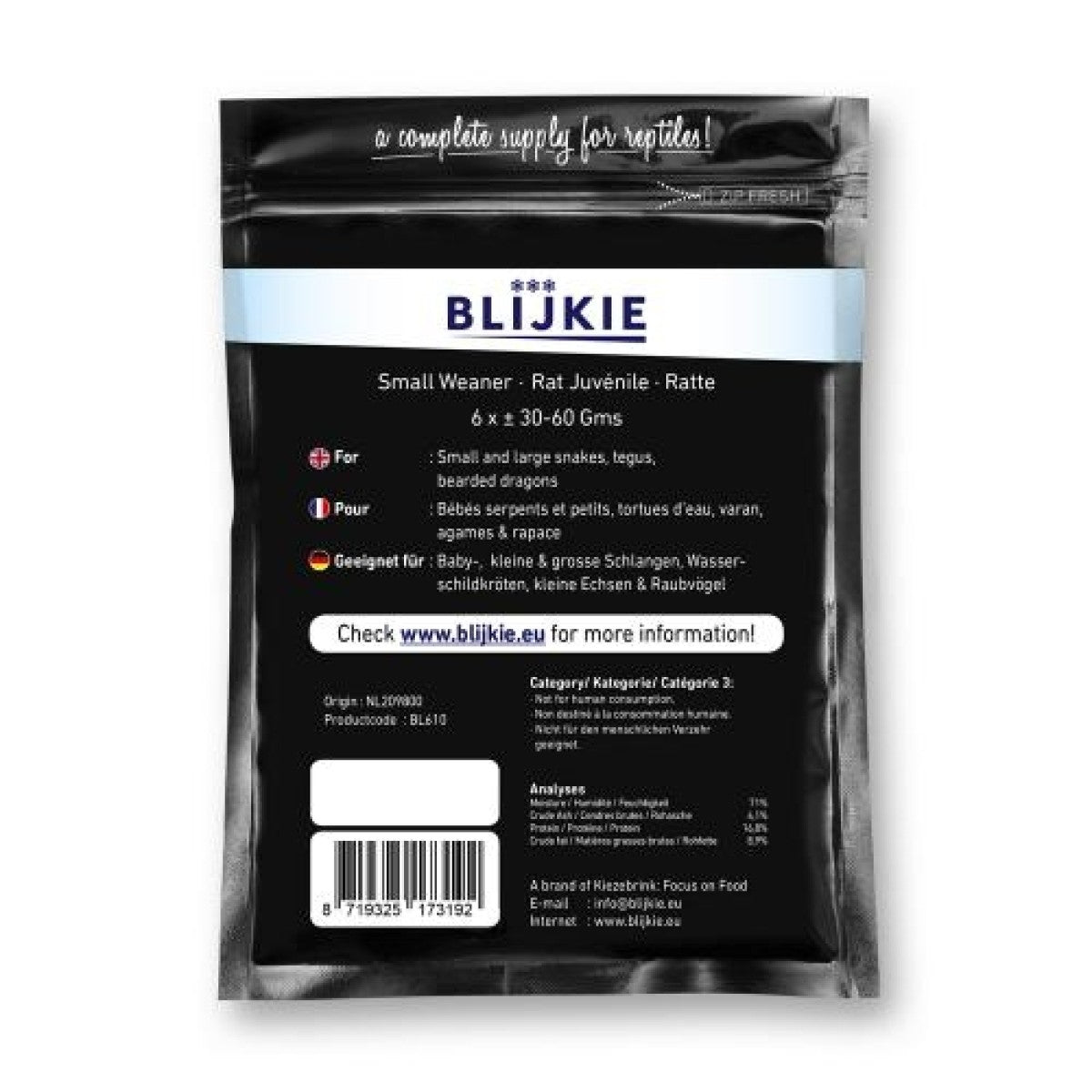 Blijkie black foil line small weanerrat 30-60g, 6pc