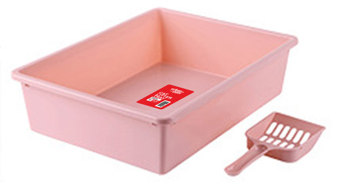 Cat Litter Tray with Scoop - Pink - M Size, 38 x 28 x 10 cm