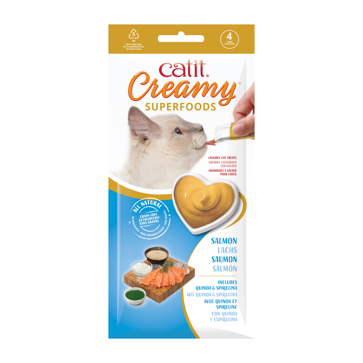 Catit Creamy Superfood Treats, Salmon Recipe with Quinoa & Spirulina, 12pk/box