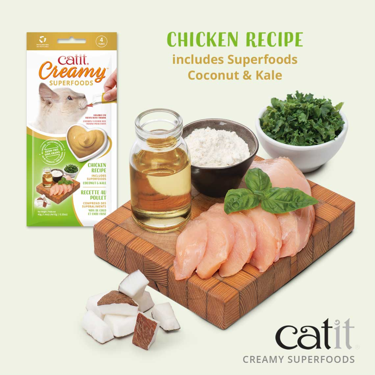 Catit Creamy Superfood Treats, Chicken Recipe with Coconut & Kale, 12pk/box