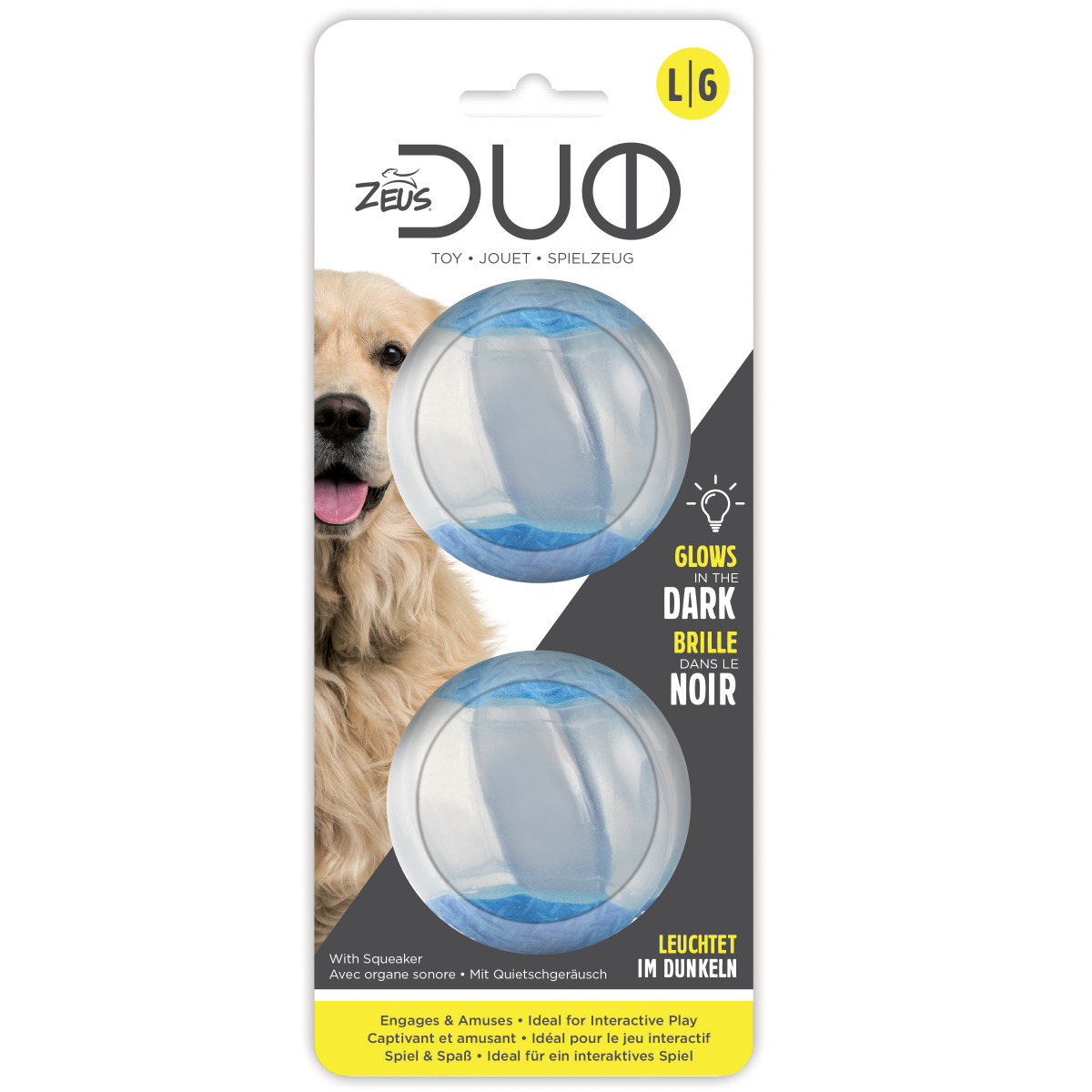 Zeus Duo Ball, 6.3cm with Squeaker & Glow, 2pk