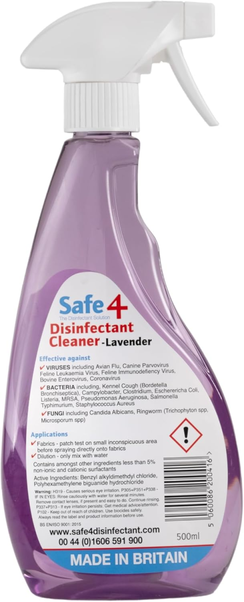 Safe4 Disinfectant Pre-diluted spray 1:10 dilution, Lavender Scent, 500ml
