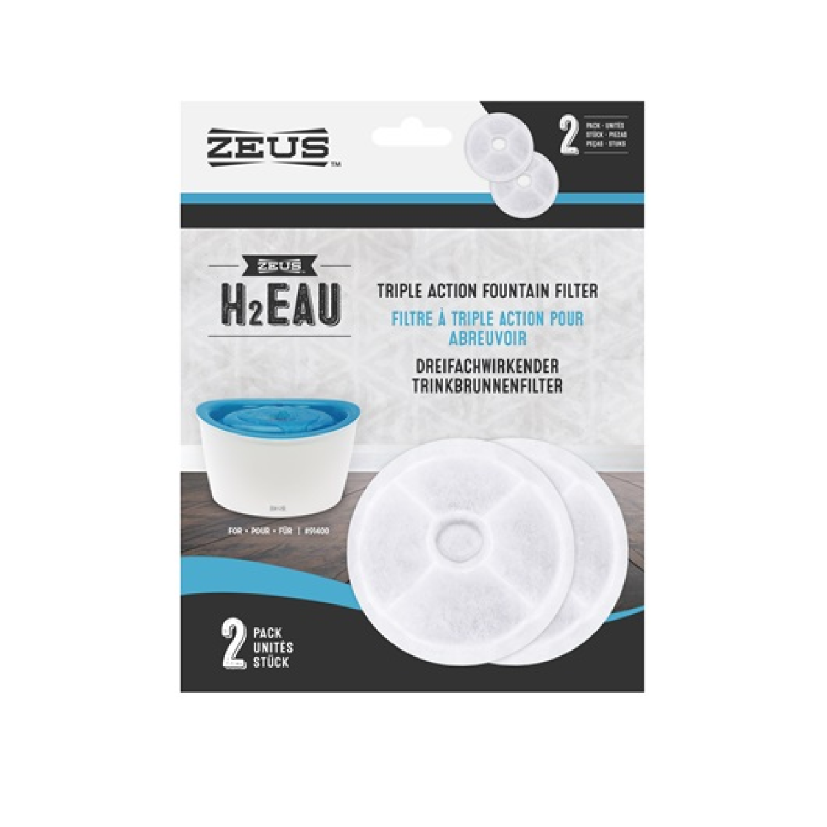 Zeus H2EAU Replacement Triple Action Fountain Filter - 2 pack