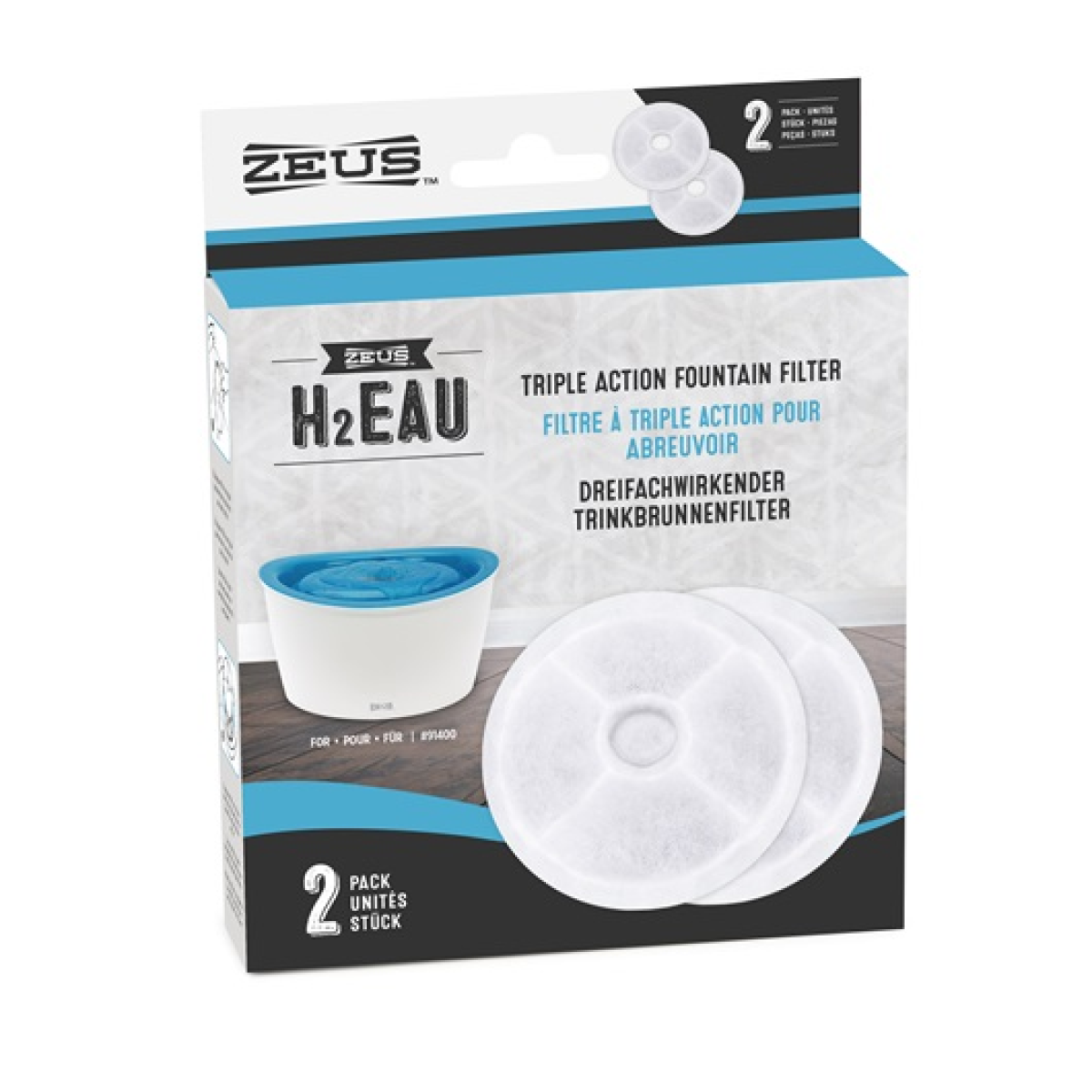 Zeus H2EAU Replacement Triple Action Fountain Filter - 2 pack