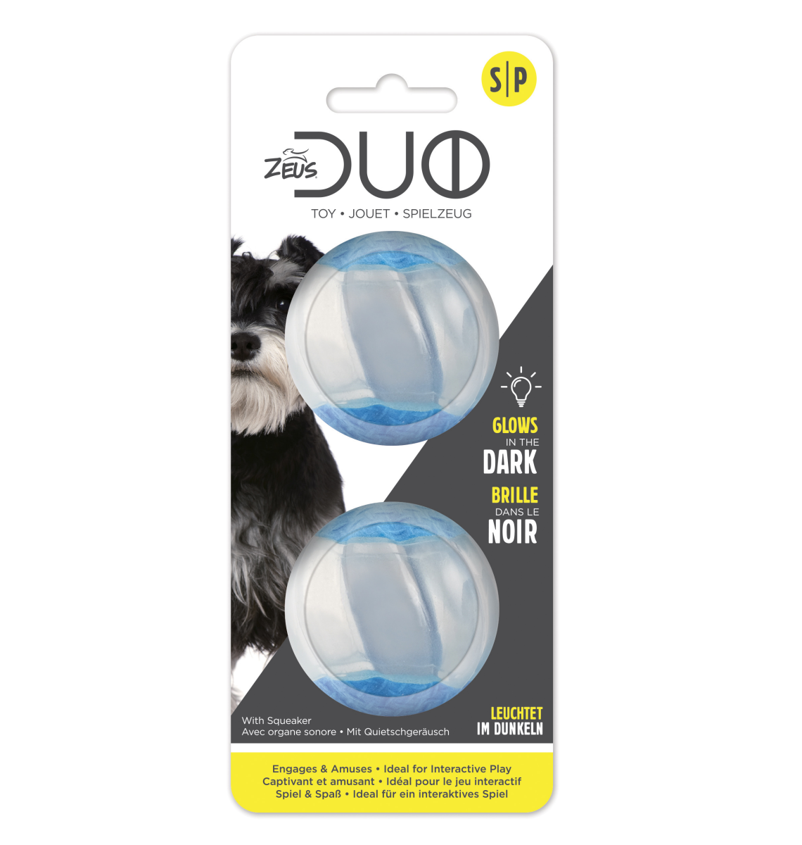 Zeus Duo Ball, 5cm with Squeaker & Glow, 2pk