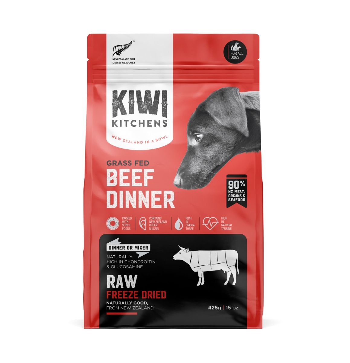 Kiwi Kitchens Raw Freeze Dried Grass Fed Beef Dinner Dry Dog Food - 425g