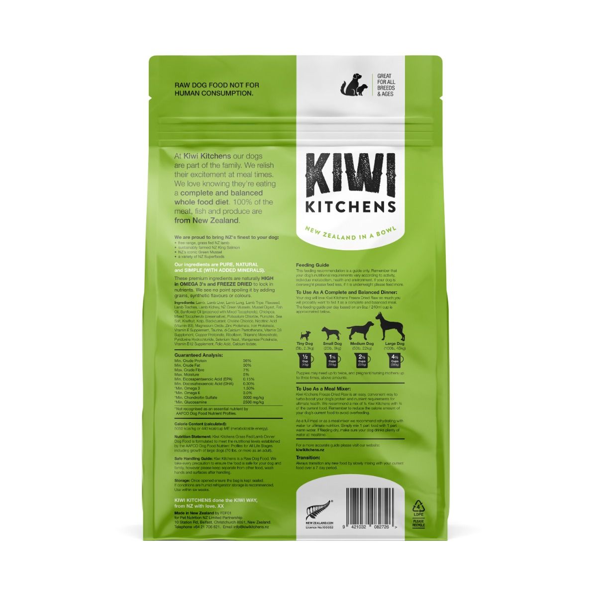 Kiwi Kitchens Raw Freeze Dried Grass Fed Lamb Dinner Dry Dog Food - 900g