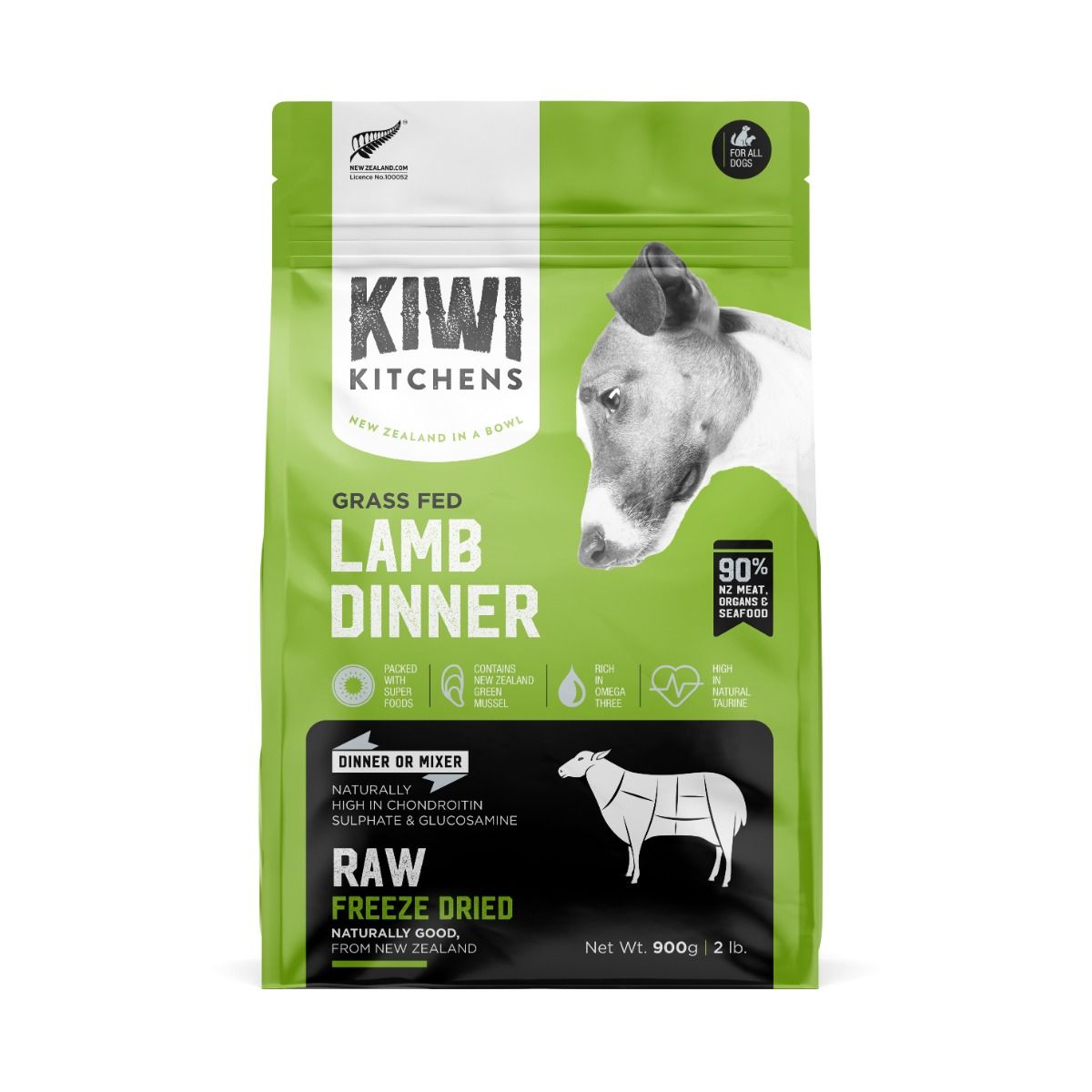 Kiwi Kitchens Raw Freeze Dried Grass Fed Lamb Dinner Dry Dog Food - 900g