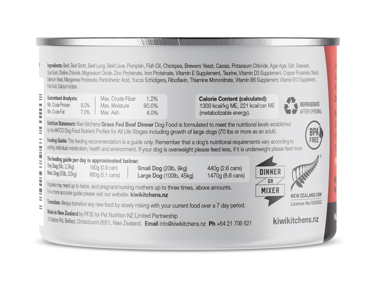 Kiwi Kitchens Grass Fed Beef Dinner Canned Wet Dog Food - 170g