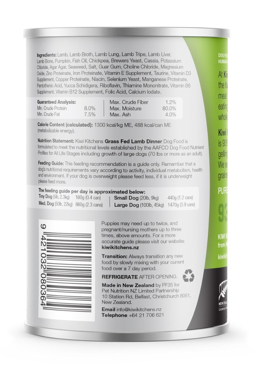 Kiwi Kitchens Grass Fed Lamb Dinner Canned Wet Dog Food - 170g