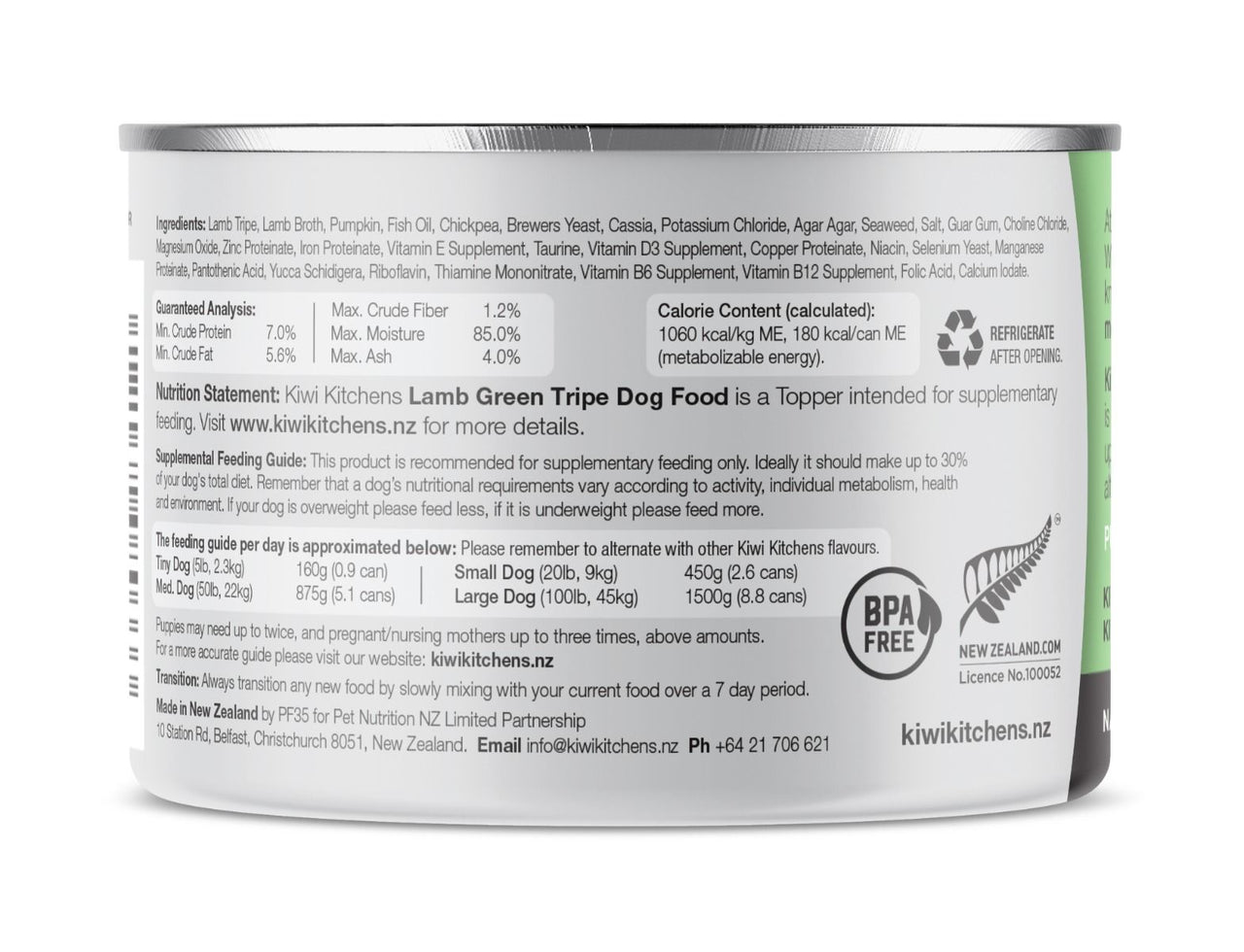 Kiwi Kitchens Grass Fed Lamb Green Tripe Topper for Supplemental Feeding Canned Wet Dog Food  - 170g