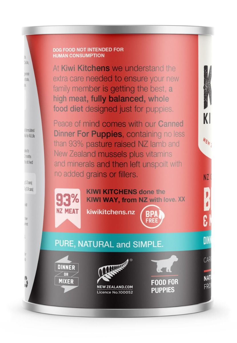 Kiwi Kitchens Grass Fed Beef & Mussel Dinner Canned Wet Puppy Food - 375g