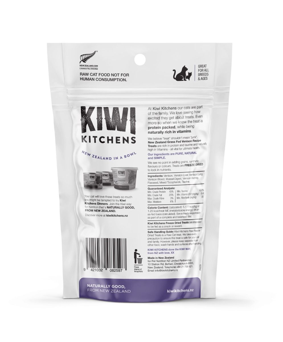 Kiwi Kitchens Raw Freeze Dried Venison Recipe Cat Treats 30g - 30g