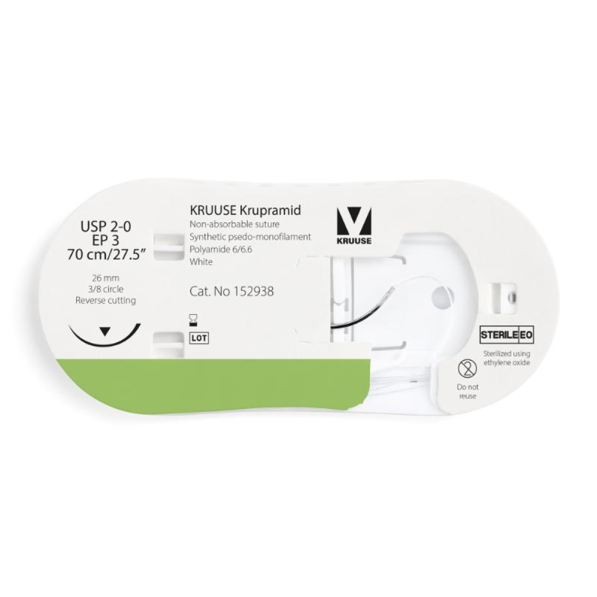 KRUUSE Krupramid Suture, USP 2-0/EP 3, 70 cm/27.5"", white, 26 mm needle, 3/8 circle, reverse cutting, 12/pk