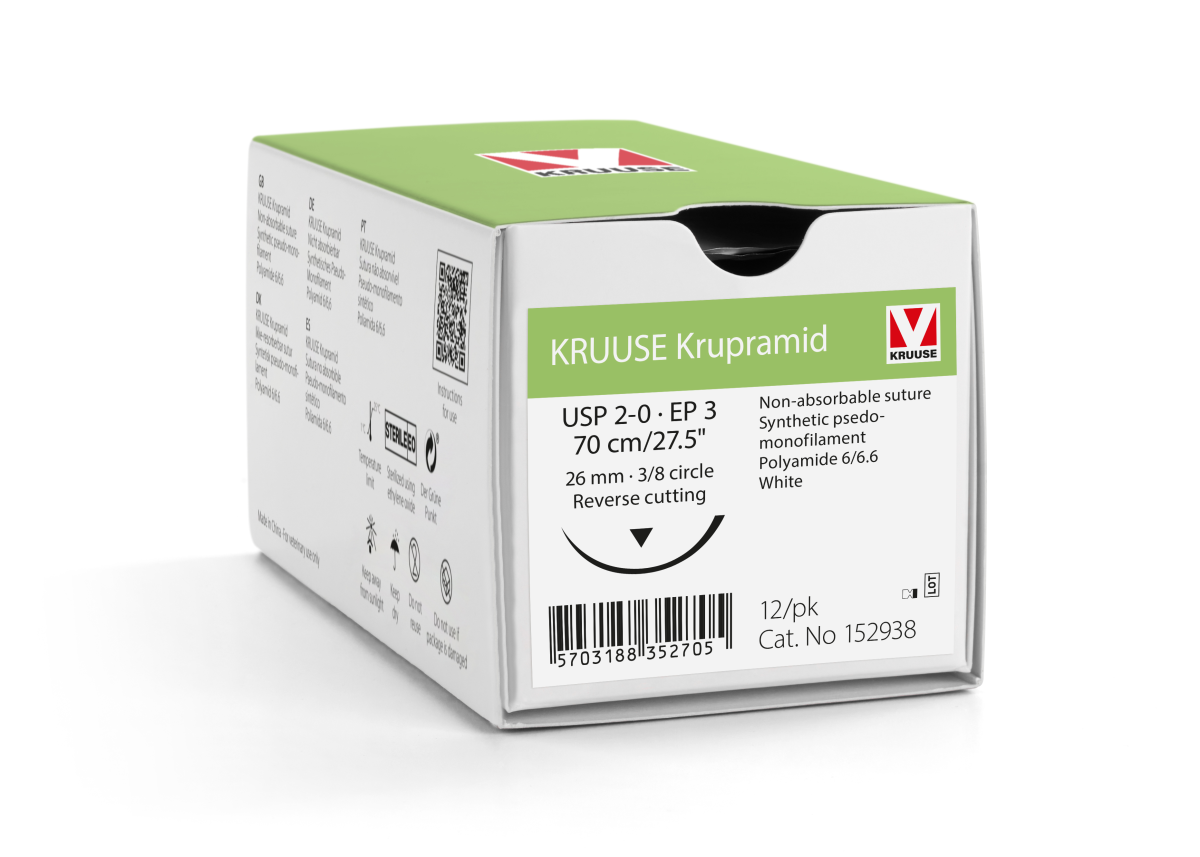KRUUSE Krupramid Suture, USP 2-0/EP 3, 70 cm/27.5"", white, 26 mm needle, 3/8 circle, reverse cutting, 12/pk