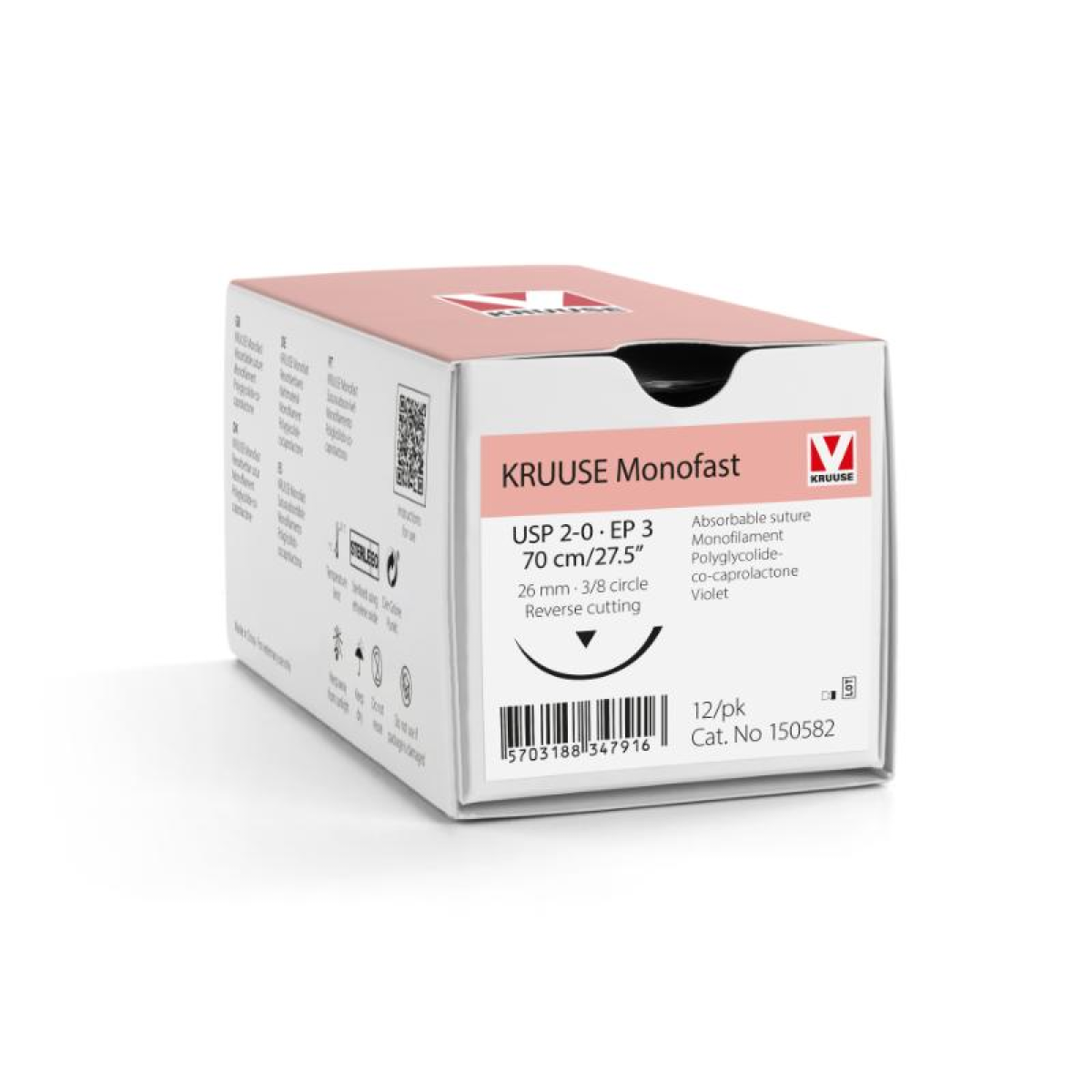 KRUUSE Monofast Suture, USP 2-0/EP 3, 70 cm/27.5", violet, 26 mm needle, 3/8 circle, reverse cutting, 12/pk