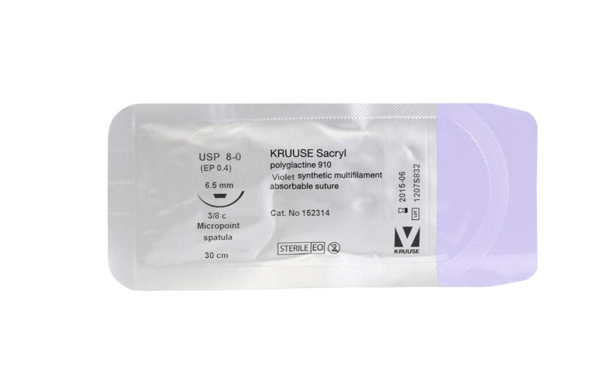 KRUUSE Sacryl suture, USP 8-0 (30cm), 3/8C MicroS Needle: 6.5mm 18/pk