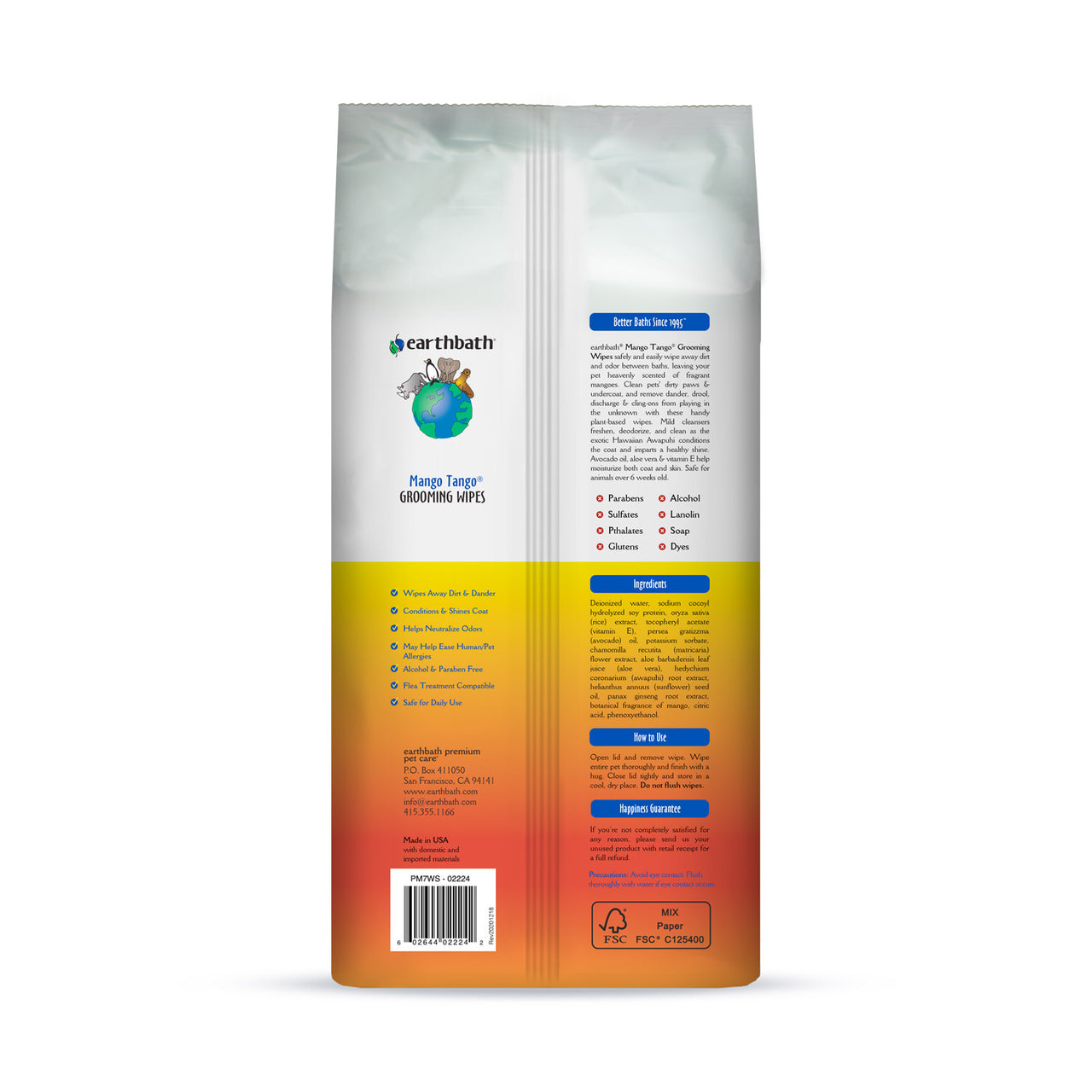 earthbath® Grooming Wipes, Mango Tango, 100 ct