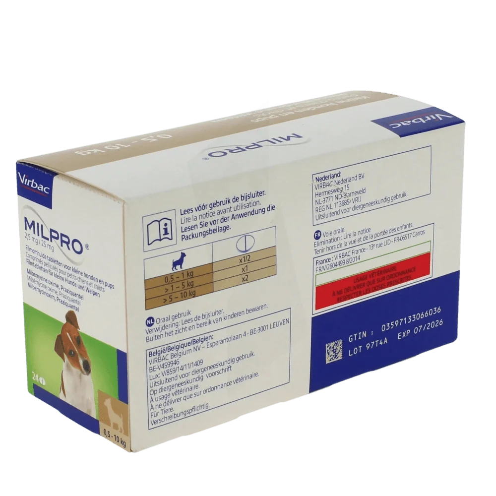 Milpro Dewormer for small dogs and puppies 0.5-10 kg (2.5-25mg) 24 tablets