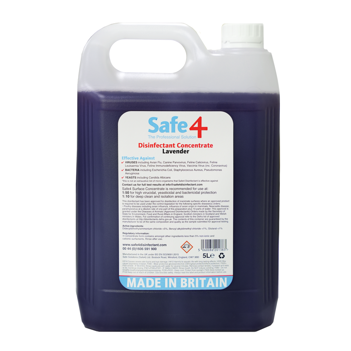 Safe4 Concentrated Disinfectant Cleaner, Lavender Scent, Enhanced Formula, 5 L