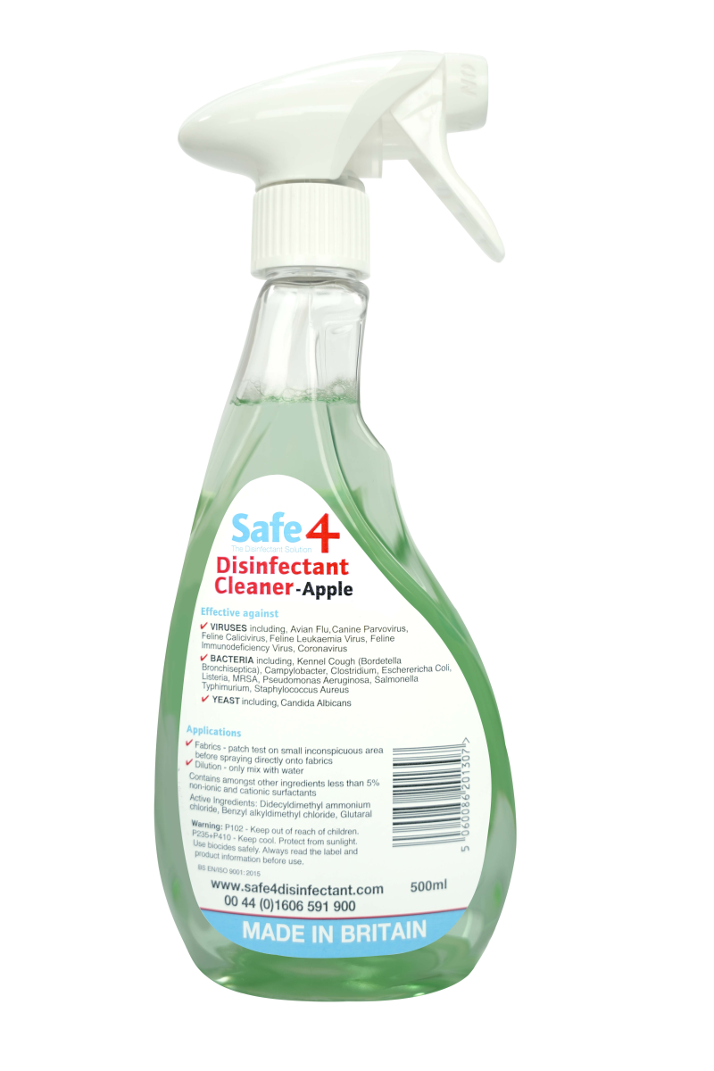 Safe4 Disinfectant Pre-Diluted Spray 1:10 Dilution, Apple Scent, Enhanced Formula, 500 ml