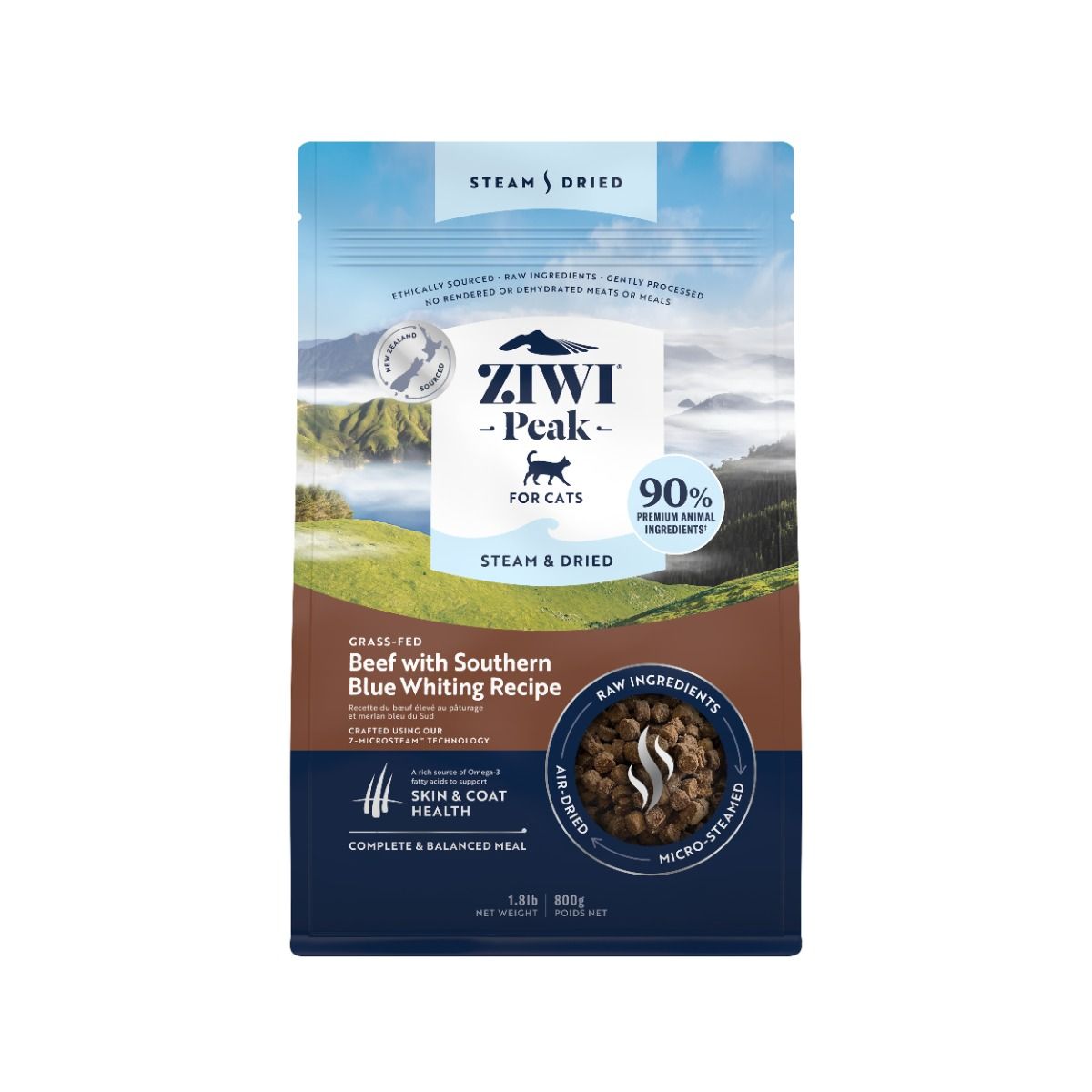 ZIWI Peak Steam & Dried Grass-Fed Beef with Southern Blue Whiting Recipe Dry Cat Food - 800g