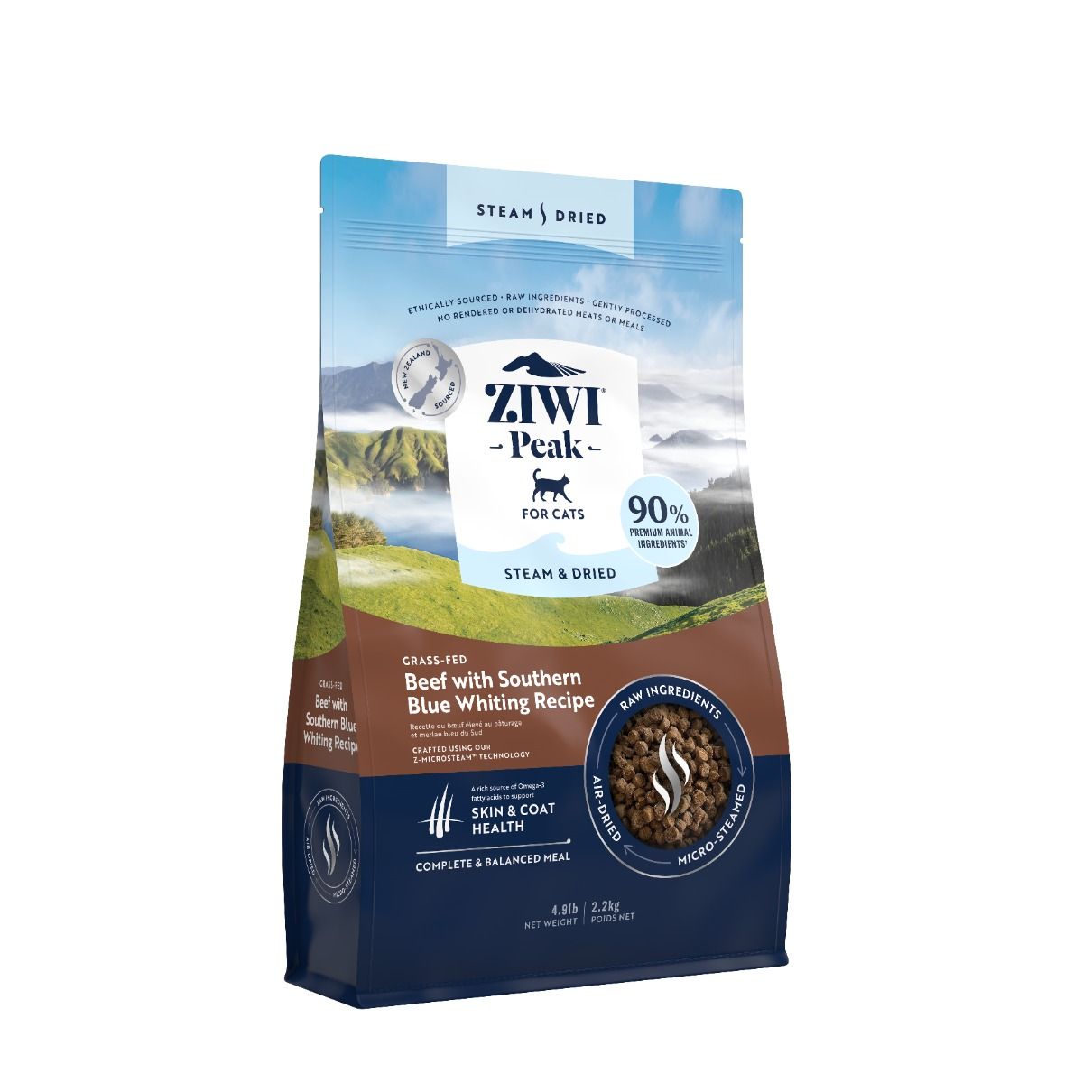 ZIWI Peak Steam & Dried Grass-Fed Beef with Southern Blue Whiting Recipe Dry Cat Food - 2.2KG